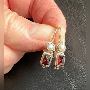 Vintage 925 Sterling Silver Garnet Gem Drop Earrings
